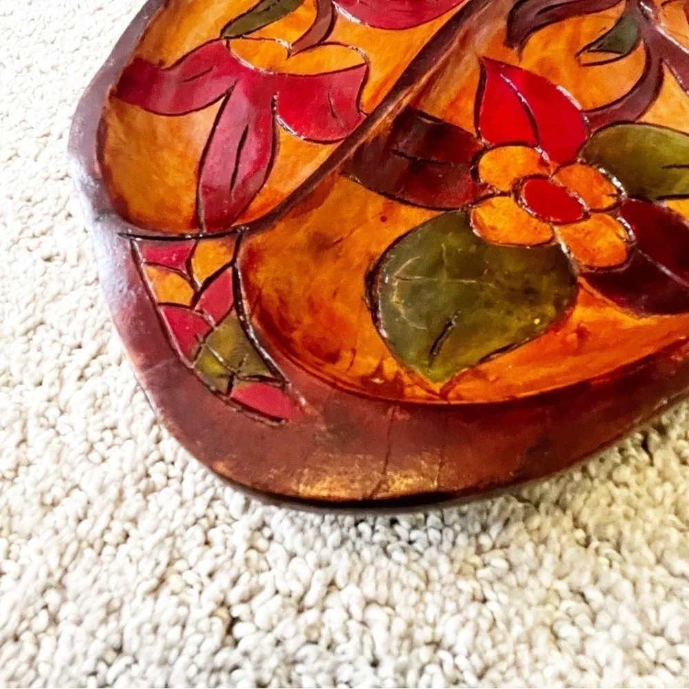 Vintage Mid Century Wooden Serving Tray Platter Boho Exotic Wood Divided Carved
